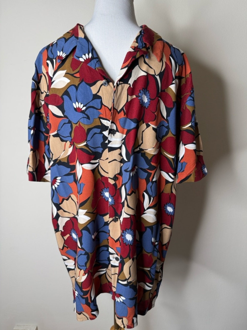 Express Burgundy Retro Floral Print Short Sleeve Button Down